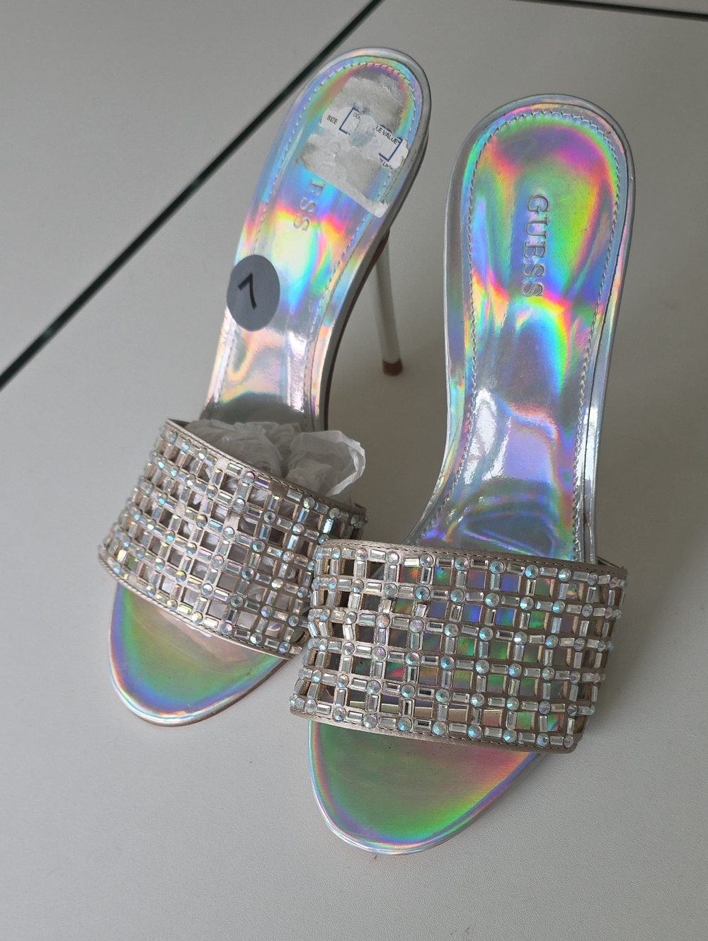 GUESS Iridescent Holographic Slide Heels with Crystal-Embellished Strap